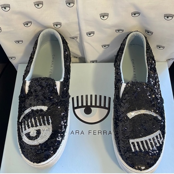 NIB $395 Chiara Ferragni Black/Silver Glitter Slip On Sneakers-Size 36 Women’s - Picture 4 of 15